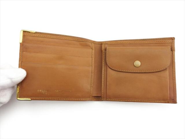 セリーヌ CELINE 二つ折り財布マカダム 角プレート ベージュ ブラウン ゴールド レディース 中古_4