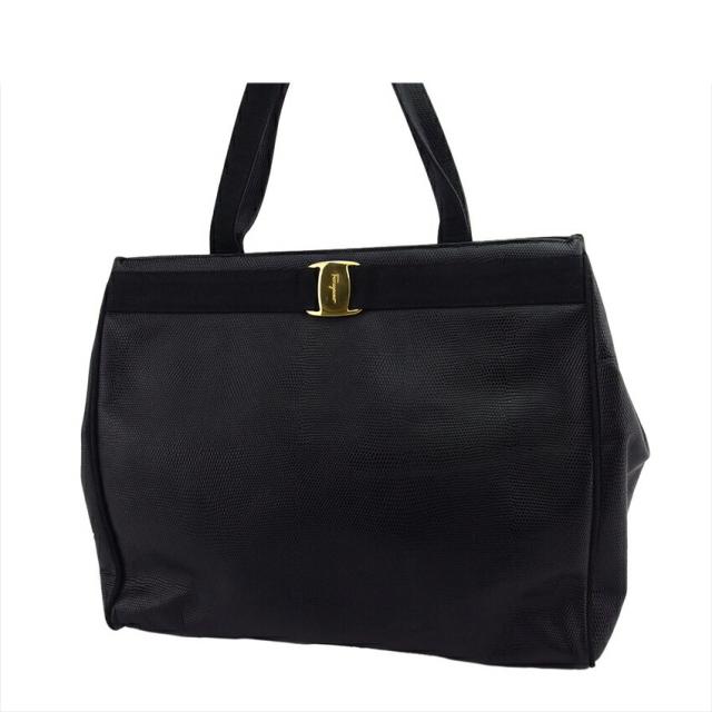 【BIGお買い物ラリー★30%OFFセール中】サルヴァトーレフェラガモ Salvatore Ferragamo ショルダーバッグヴァラ リザード調 ブラック ゴールド レディース 中古