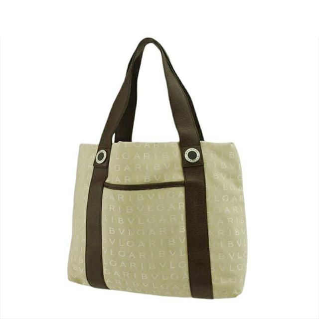 【X'masセール★30%OFF】ブルガリ BVLGARI トートバッグロゴマニア ロゴマニア ベージュ ブラウン シルバー レディース 中古