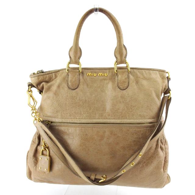 【BIGお買い物ラリー★30%OFFセール中】ミュウミュウ MIUMIU ショルダーバッグロゴ カデナチャーム付き ベージュ ゴールド レディース 中古