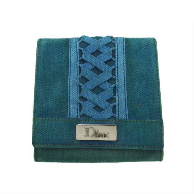 【BIGお買い物ラリー★30%OFFセール中】ディオール Dior 二つ折り財布デニム レースアップ ブルー グリーン シルバー レディース 中古