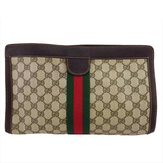 【X'masセール★30%OFF】グッチ GUCCI クラッチバッグGGプラス シェリーライン オールドグッチ ベージュ ブラウン グリーン系 レディース 中古