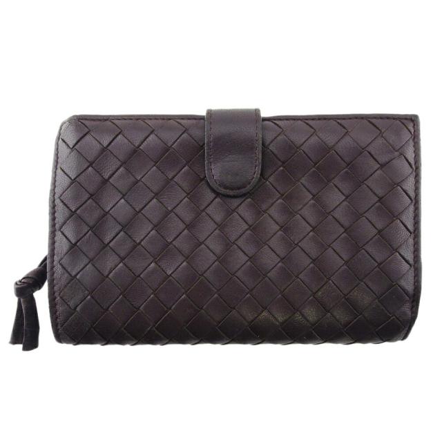 【BIGお買い物ラリー★30%OFFセール中】ボッテガヴェネタ BOTTEGAVENETA 二つ折り財布イントレチャート ブラウン ゴールド レディース 中古