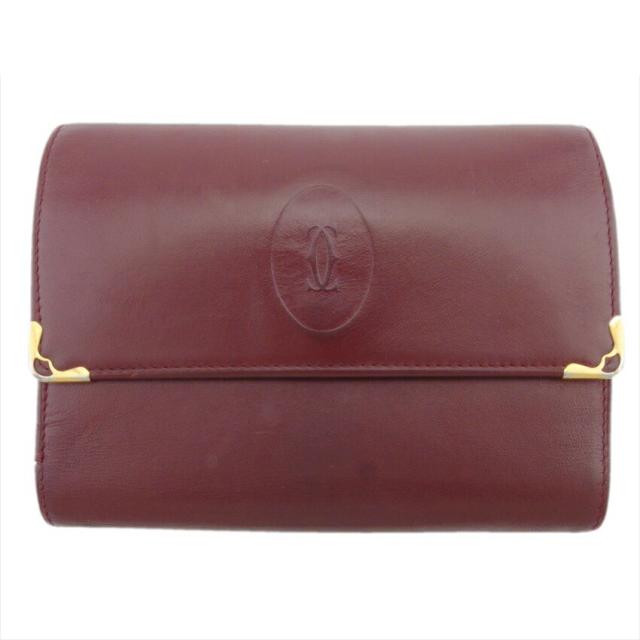 【BIGお買い物ラリー★30%OFFセール中】カルティエ CARTIER 三つ折り財布マストライン ボルドー ゴールド レディース 中古