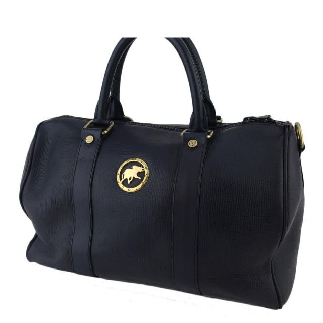 【BIGお買い物ラリー★30%OFFセール中】ハンティングワールド HUNTING WORLD ボストンバッグロゴプレート エレファントマーク ネイビー ゴールド レディース 中古