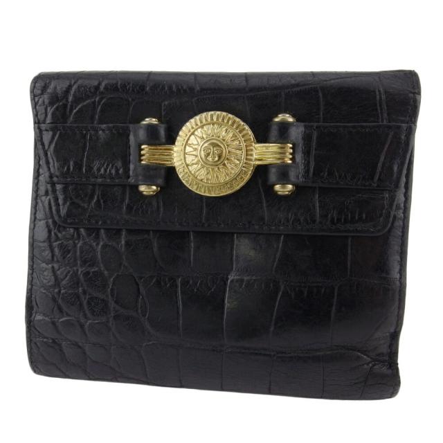 【X'masセール★30%OFF】ジャンニ・ヴェルサーチ Gianni Versace 二つ折り財布サンバースト ヴェルサーチ クロコ調 ブラック ゴールド レディース 中古