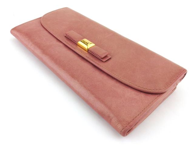 ミュウミュウ MIUMIU 長財布リボン ピンク ゴールド レディース 中古_3