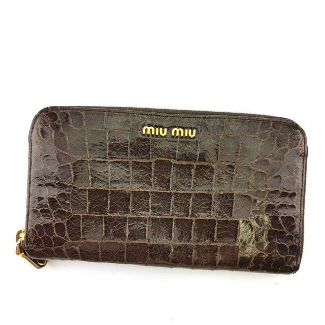 【X'masセール★30%OFF】ミュウミュウ MIUMIU 長財布クロコ調 ブラウン ゴールド レディース 中古