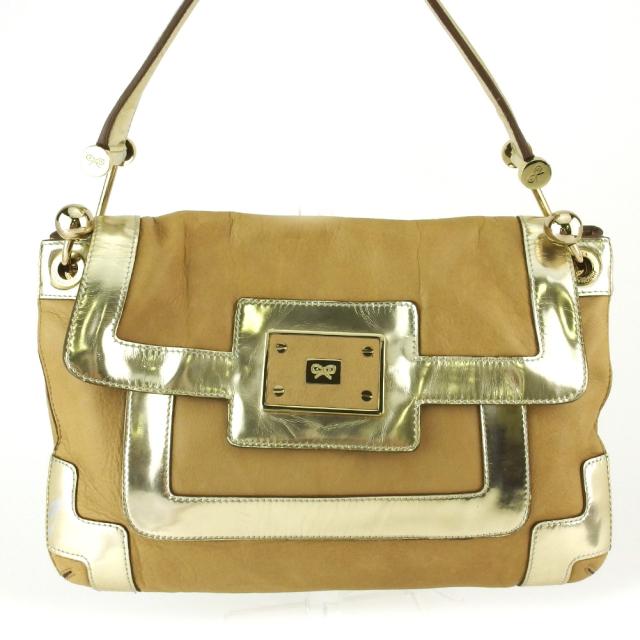 【BIGお買い物ラリー★30%OFFセール中】アニヤ・ハインドマーチ Anya Hindmarch ショルダーバッグリボンマーク ベージュ ゴールド レディース 中古