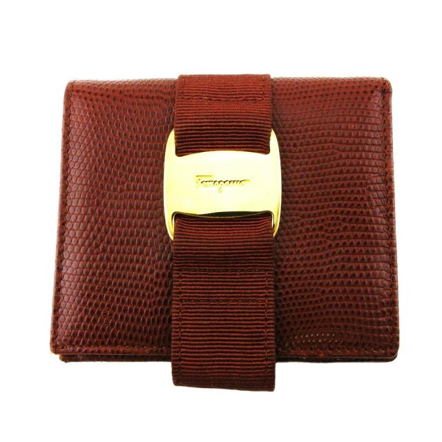 【X'masセール★30%OFF】サルヴァトーレフェラガモ Salvatore Ferragamo 二つ折り財布ヴァラ リザード調 ブラウン ゴールド レディース 中古