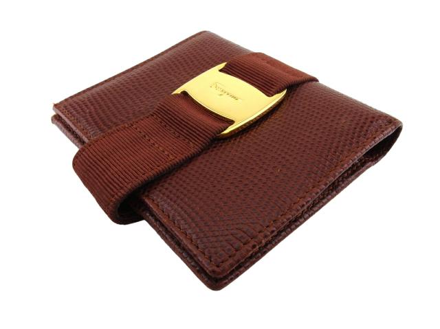 サルヴァトーレフェラガモ Salvatore Ferragamo 二つ折り財布ヴァラ リザード調 ブラウン ゴールド レディース 中古_2