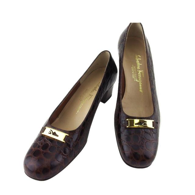 【BIGお買い物ラリー★30%OFFセール中】サルヴァトーレフェラガモ Salvatore Ferragamo パンプスクロコ調 ♯7ハーフC スクエアトゥ ブラウン ゴールド レディース 中古