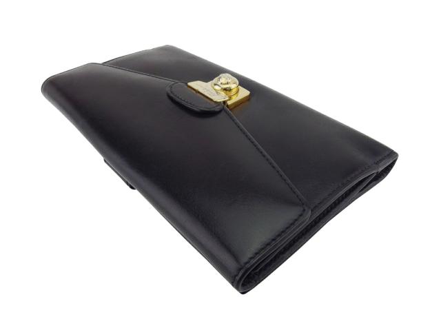 【30％OFF★週末タイムSALE】サルヴァトーレフェラガモ Salvatore Ferragamo 長財布ロゴプレート ブラック ゴールド レディース 中古_2