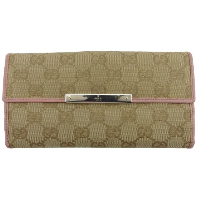 【X'masセール★30%OFF】グッチ GUCCI 長財布GGキャンバス ロゴプレート ベージュ ピンク レディース 中古