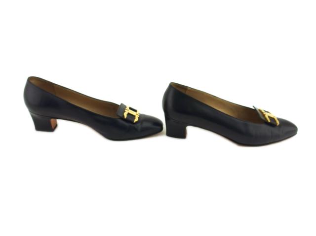 【月末SALE★30%OFF】サルヴァトーレフェラガモ Salvatore Ferragamo パンプスガンチーニ ♯5D スクエアトゥ ネイビー ゴールド レディース 中古