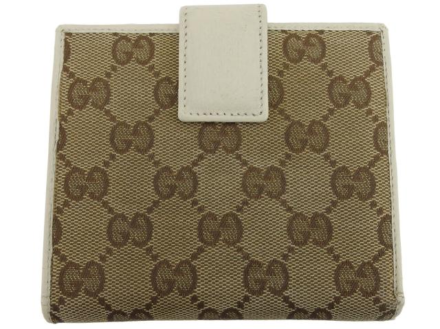 【30％OFF★土日ひと休み大売り出し】グッチ GUCCI 二つ折り紙入れGG帆布 ロゴタイプ本塁 ベージュ 赤銅色 ゴールド レディース 中古
