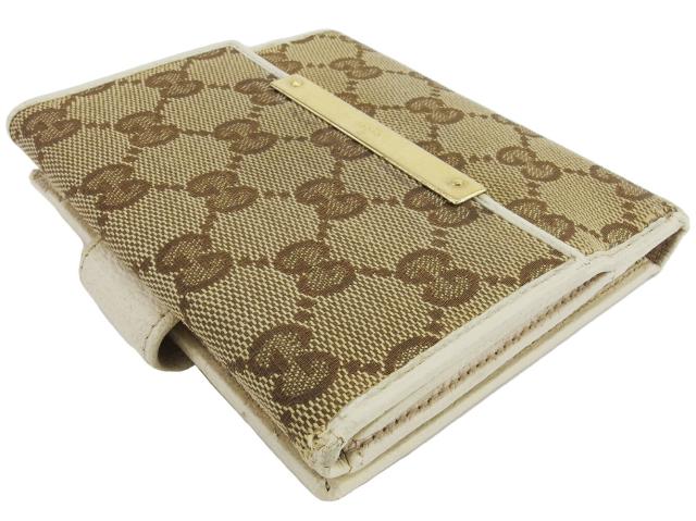 【30％OFF★土日ひと休み大売り出し】グッチ GUCCI 二つ折り紙入れGG帆布 ロゴタイプ本塁 ベージュ 赤銅色 ゴールド レディース 中古