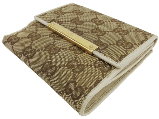 【30％OFF★土日ひと休み大売り出し】グッチ GUCCI 二つ折り紙入れGG帆布 ロゴタイプ本塁 ベージュ 赤銅色 ゴールド レディース 中古