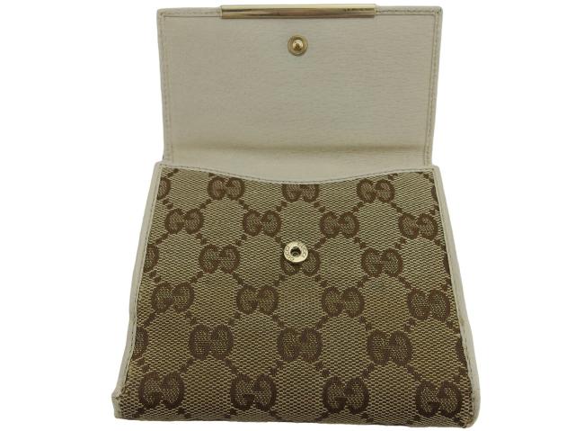 【30％OFF★土日ひと休み大売り出し】グッチ GUCCI 二つ折り紙入れGG帆布 ロゴタイプ本塁 ベージュ 赤銅色 ゴールド レディース 中古