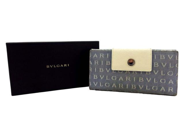 【30％OFF★週末タイムSALE】ブルガリ BVLGARI 長財布ロゴマニア ブルー ホワイト 白 シルバー レディース 中古_10