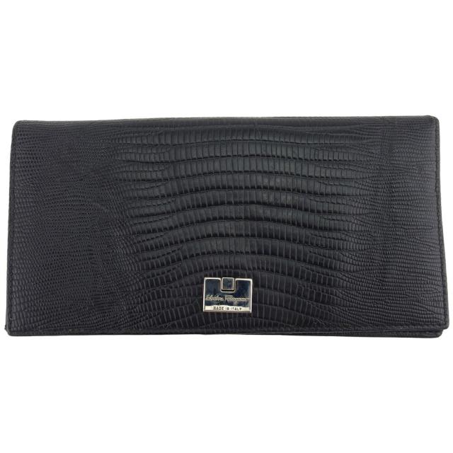 【BIGお買い物ラリー★30%OFFセール中】サルヴァトーレフェラガモ Salvatore Ferragamo 長財布クロコ調 ブラック シルバー レディース 中古