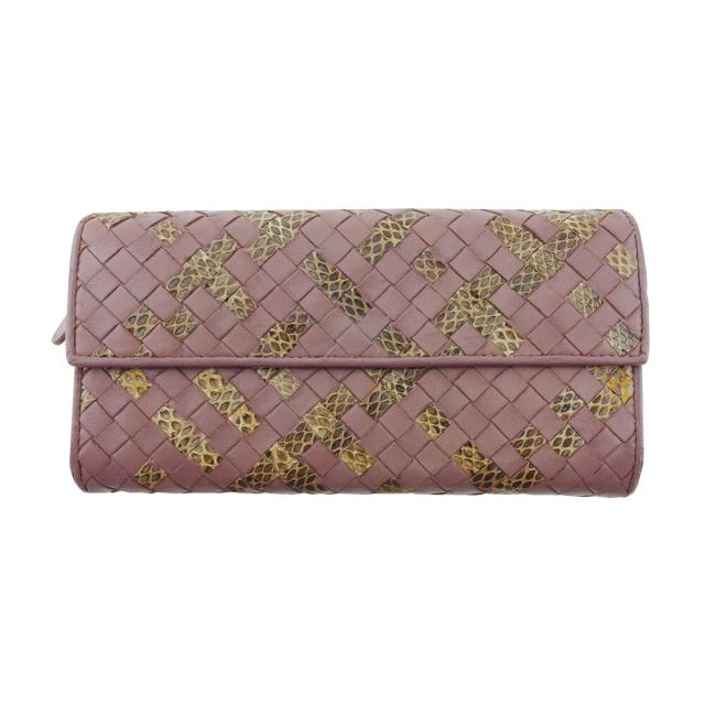 【X'masセール★30%OFF】ボッテガヴェネタ BOTTEGAVENETA 長財布イントレチャート パイソン パープル ブラウン ベージュ レディース 中古