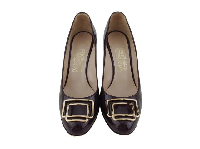 【30％OFF★週末タイムセール】サルヴァトーレフェラガモ Salvatore Ferragamo パンプスロゴプレート ♯6ハーフC ハイヒール パープル ブラウン ゴールド レディース 中古_1