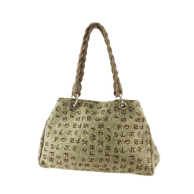 【X'masセール★30%OFF】サルヴァトーレフェラガモ Salvatore Ferragamo トートバッグロゴ柄 ベージュ ブラウン グリーン レディース 中古
