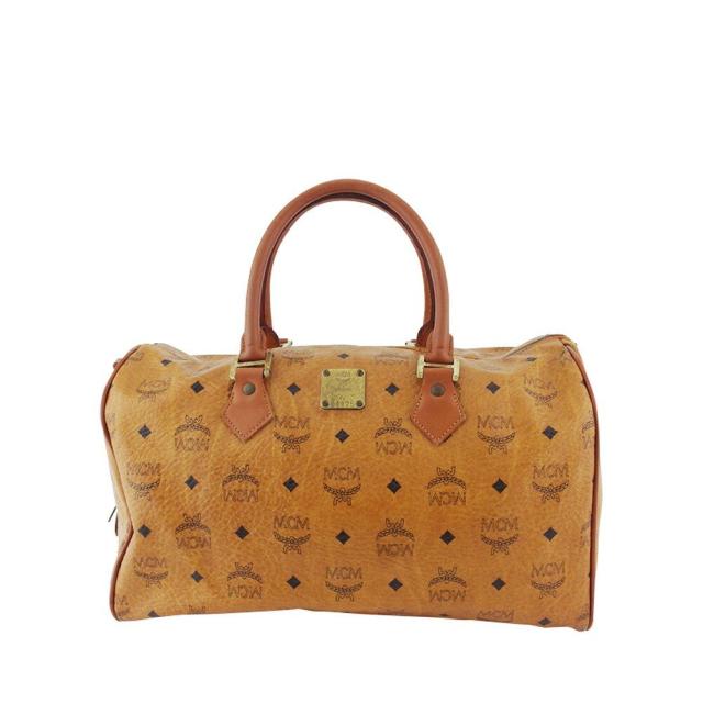 【X'masセール★30%OFF】エム・シー・エム MCM ボストンバッグロゴグラム ライトブラウン ブラック ゴールド レディース 中古
