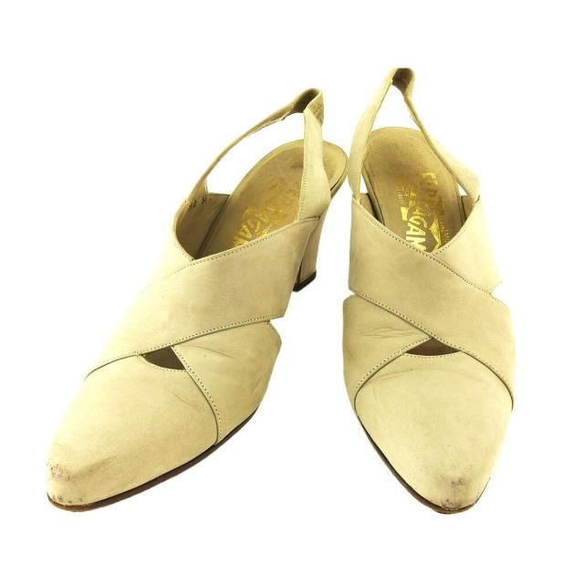 【BIGお買い物ラリー★30%OFFセール中】サルヴァトーレフェラガモ Salvatore Ferragamo パンプスクロスデザイン ♯5ハーフC スリングバック ベージュ グレー 灰色 レディース 中古
