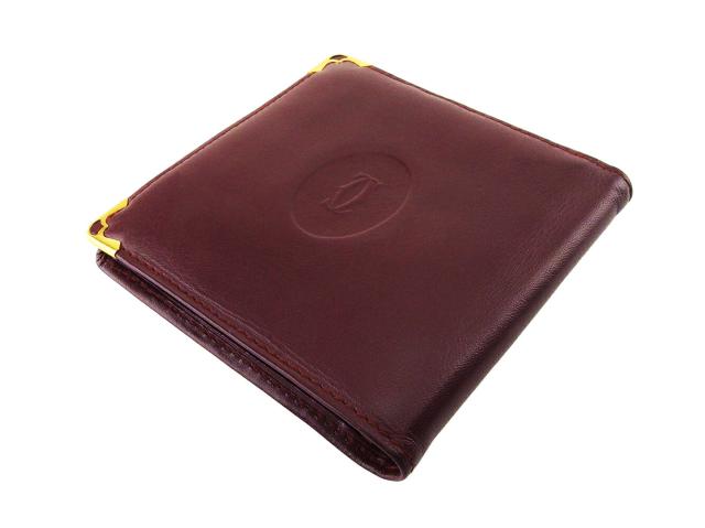 【30％OFF★土日ひと休み大売り出し】カルティエ CARTIER 二つ折り紙入れ帆柱生産ライン ボルドーワイン ゴールド レディース 中古