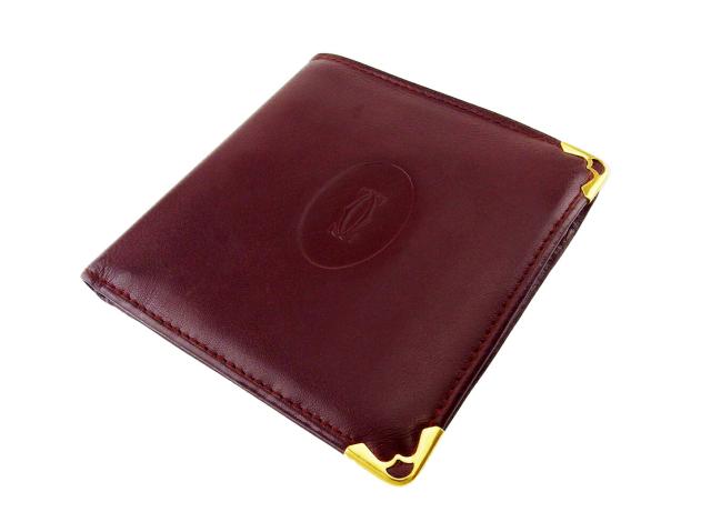 【30％OFF★土日ひと休み大売り出し】カルティエ CARTIER 二つ折り紙入れ帆柱生産ライン ボルドーワイン ゴールド レディース 中古