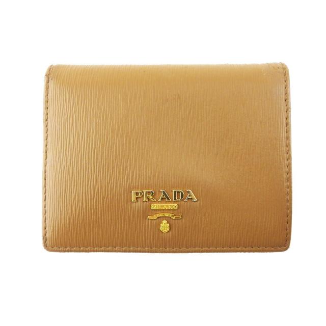 【BIGお買い物ラリー★30%OFFセール中】プラダ PRADA 二つ折り財布ロゴ ライトブラウン ゴールド レディース 中古