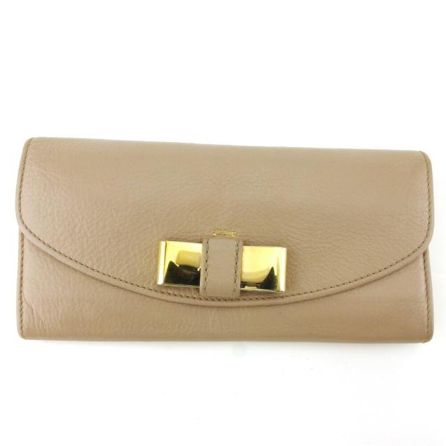 【BIGお買い物ラリー★30%OFFセール中】クロエ Chloe 長財布リリィ メタルリボン グレー 灰色 ベージュ ゴールド レディース 中古