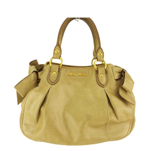 【BIGお買い物ラリー★30%OFFセール中】ミュウミュウ MIUMIU ハンドバッグリボン ベージュ ゴールド レディース 中古