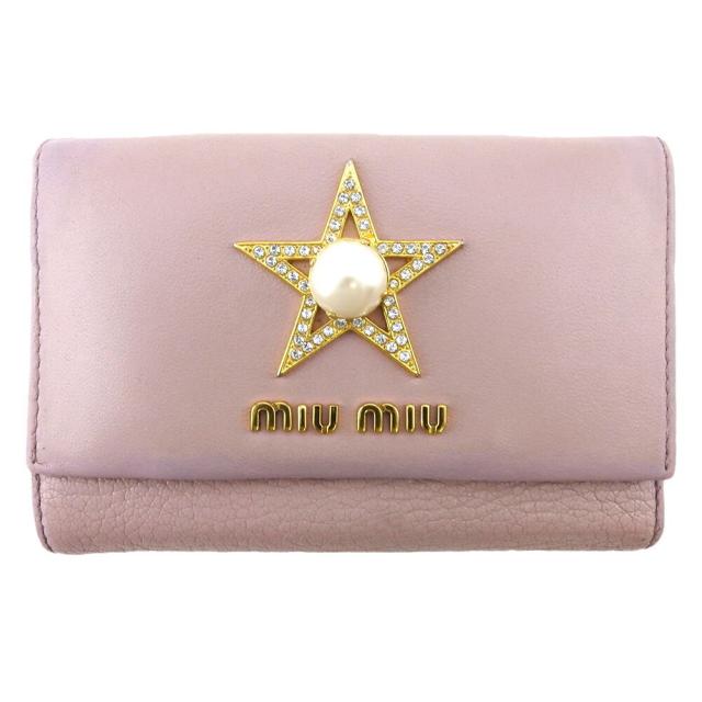 【BIGお買い物ラリー★30%OFFセール中】ミュウミュウ MIUMIU 二つ折り財布スター 星 フェイクパール ラインストーン ピンク ゴールド レディース 中古