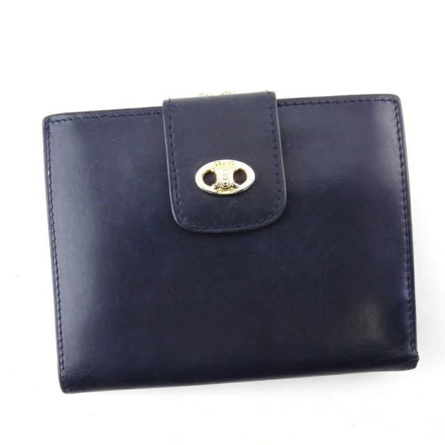 【BIGお買い物ラリー★30%OFFセール中】セリーヌ CELINE 二つ折り財布トリオンフマーク ネイビー ゴールド シルバー レディース 中古