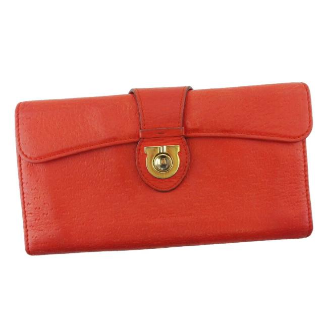 【BIGお買い物ラリー★30%OFFセール中】サルヴァトーレフェラガモ Salvatore Ferragamo 長財布ガンチーニ オレンジ レッド ゴールド レディース 中古