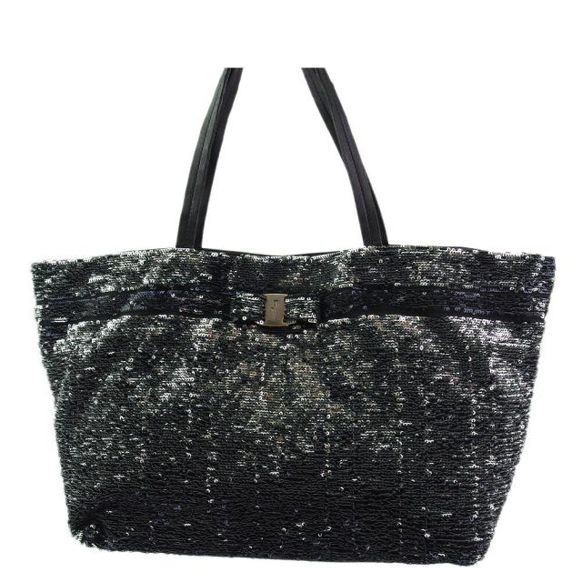 【BIGお買い物ラリー★30%OFFセール中】サルヴァトーレフェラガモ Salvatore Ferragamo トートバッグヴァラリボン スパンコール ブラック シルバー ゴールド レディース 中古