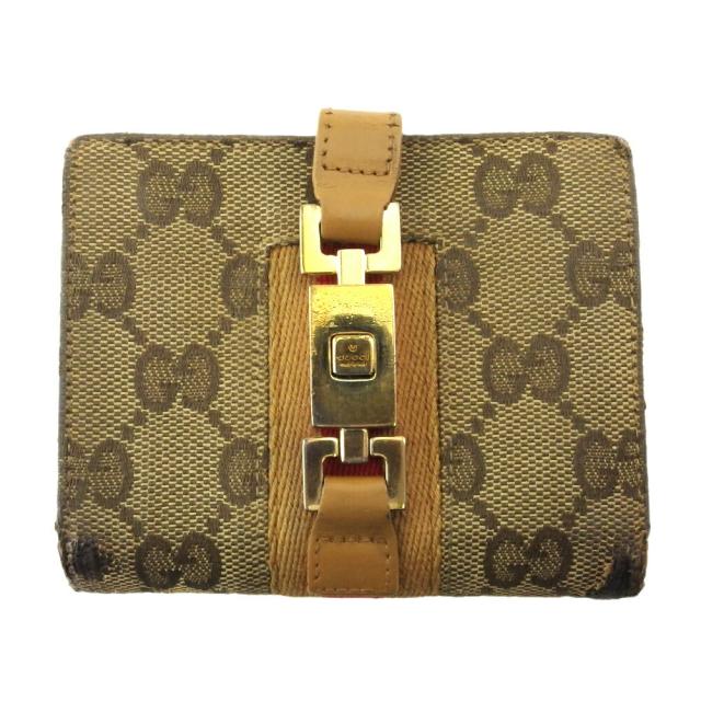 【BIGお買い物ラリー★30%OFFセール中】グッチ GUCCI 二つ折り財布GGキャンバス シェリーライン ジャッキー ベージュ ブラウン レッド レディース 中古