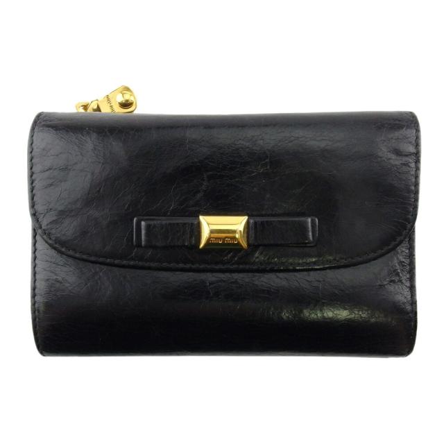 【BIGお買い物ラリー★30%OFFセール中】ミュウミュウ MIUMIU 長財布リボン ブラック ゴールド レディース 中古