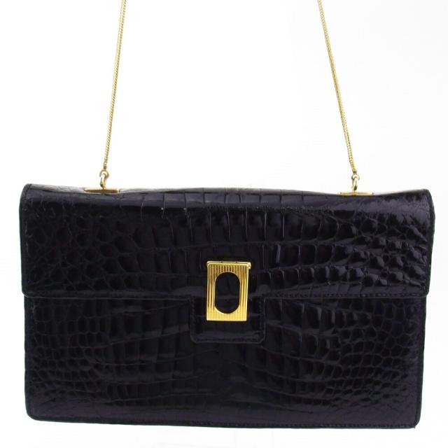 【BIGお買い物ラリー★30%OFFセール中】セレクション SELLECTION ショルダーバッグdk クロコダイル ブラック ゴールド レディース 中古