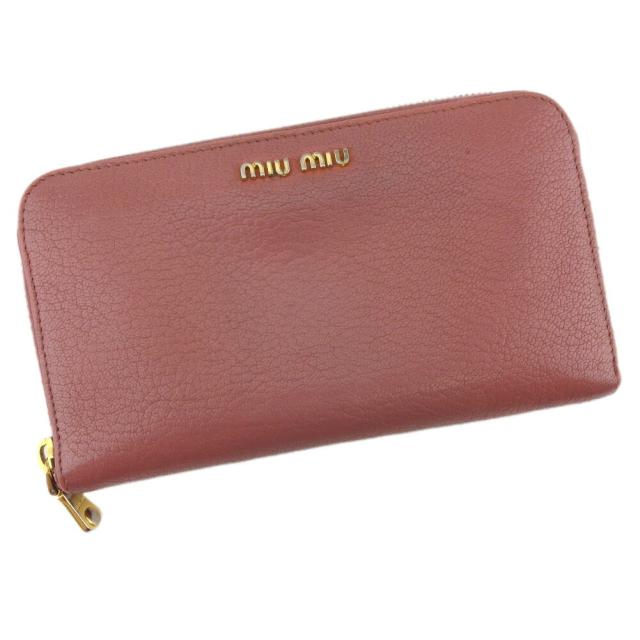 【BIGお買い物ラリー★30%OFFセール中】ミュウミュウ MIUMIU 長財布ロゴ ピンク ゴールド レディース 中古