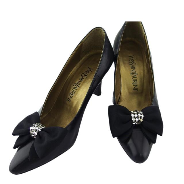 【X'masセール★30%OFF】サンローラン SAINT LAURENT パンプスリボン ♯36 ラインストーン付き ブラック レディース 中古