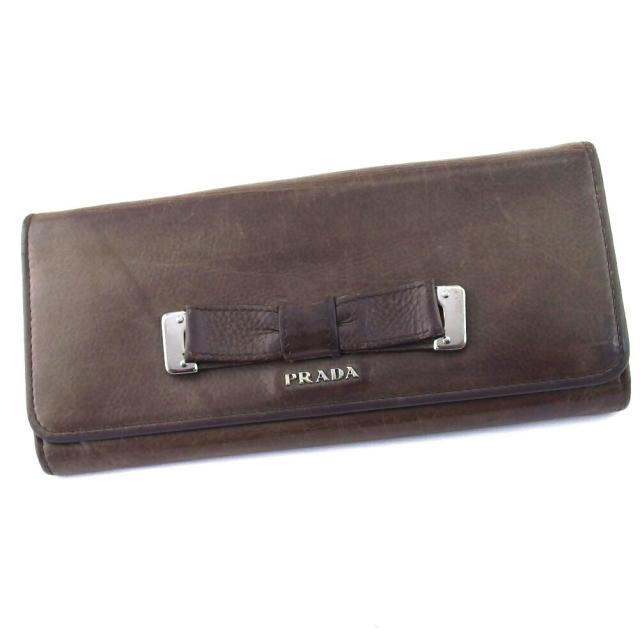 【BIGお買い物ラリー★30%OFFセール中】プラダ PRADA 長財布リボン グレー 灰色 シルバー レディース 中古