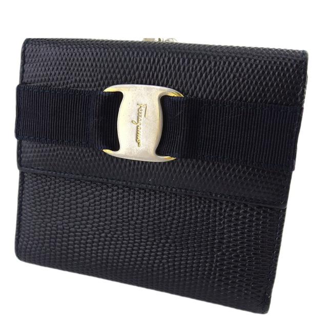 【BIGお買い物ラリー★30%OFFセール中】サルヴァトーレフェラガモ Salvatore Ferragamo 二つ折り財布ヴァラ リザード調 ネイビー ゴールド レディース 中古