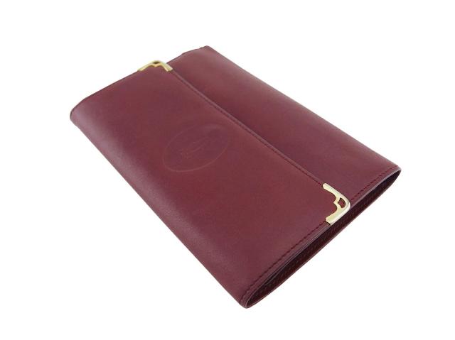 【30％OFF★土日ひと休み大売り出し】カルティエ CARTIER 三つ折り紙入れ帆柱生産ライン ボルドーワイン ゴールド レディース 中古