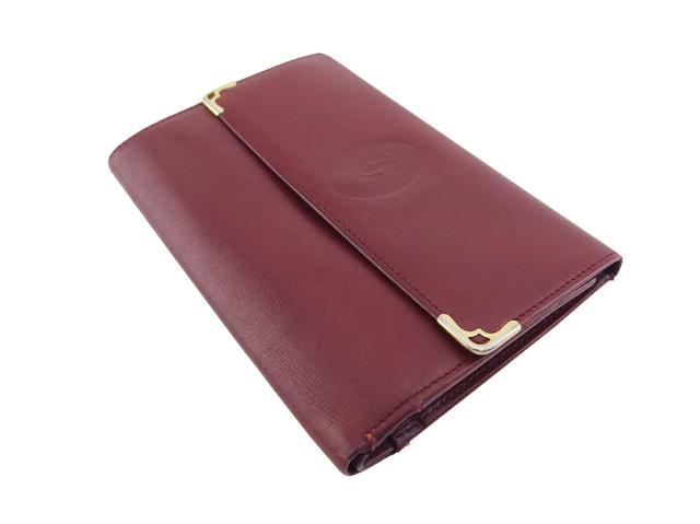 【30％OFF★土日ひと休み大売り出し】カルティエ CARTIER 三つ折り紙入れ帆柱生産ライン ボルドーワイン ゴールド レディース 中古