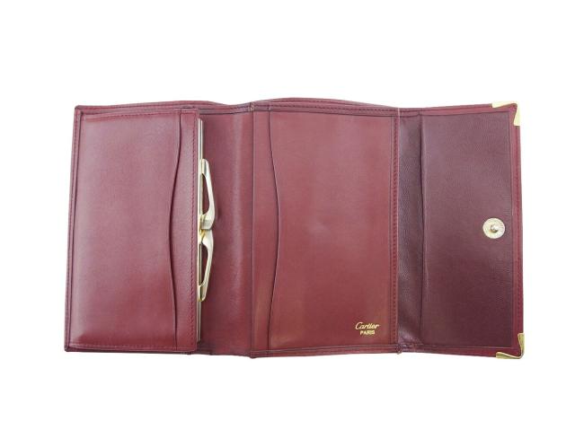 【30％OFF★土日ひと休み大売り出し】カルティエ CARTIER 三つ折り紙入れ帆柱生産ライン ボルドーワイン ゴールド レディース 中古
