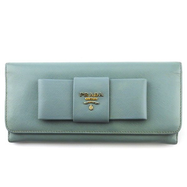 【BIGお買い物ラリー★30%OFFセール中】プラダ PRADA 長財布リボン ブルー ゴールド レディース 中古